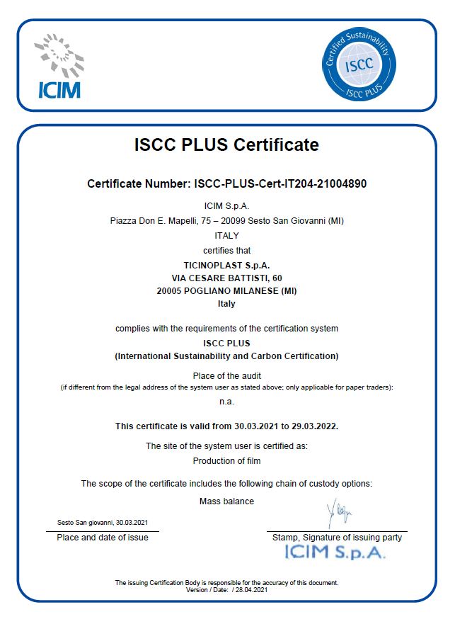 Ticinoplast ottiene la certificazione ISCC PLUS